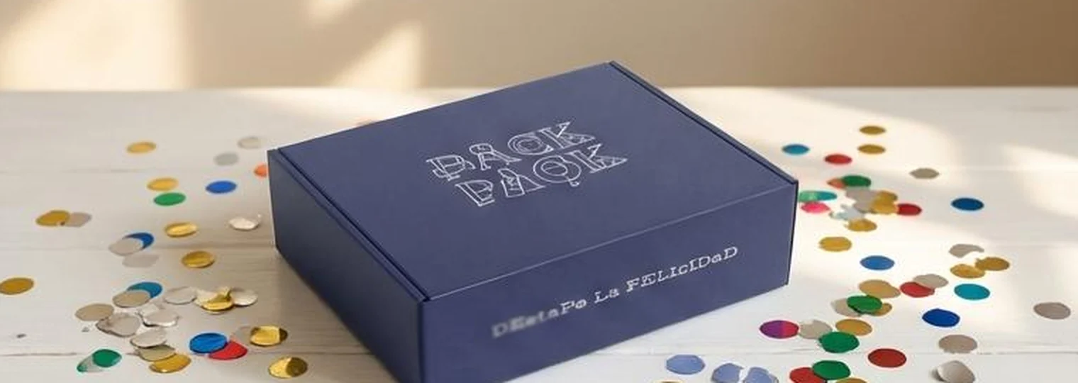 Caja PackPack cerrada sobre una mesa con confeti
