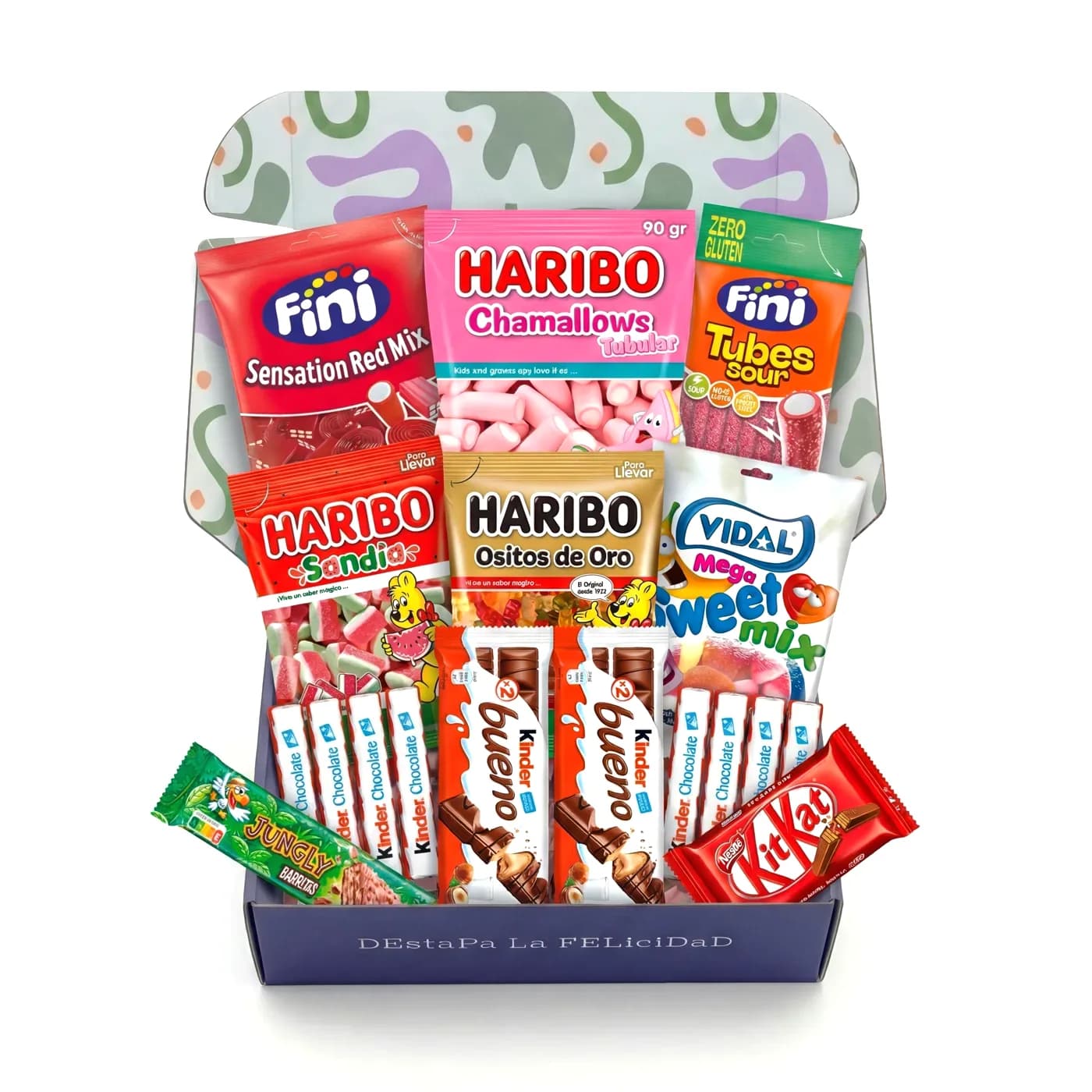 Caja PackPack abierta con golosinas y chocolates